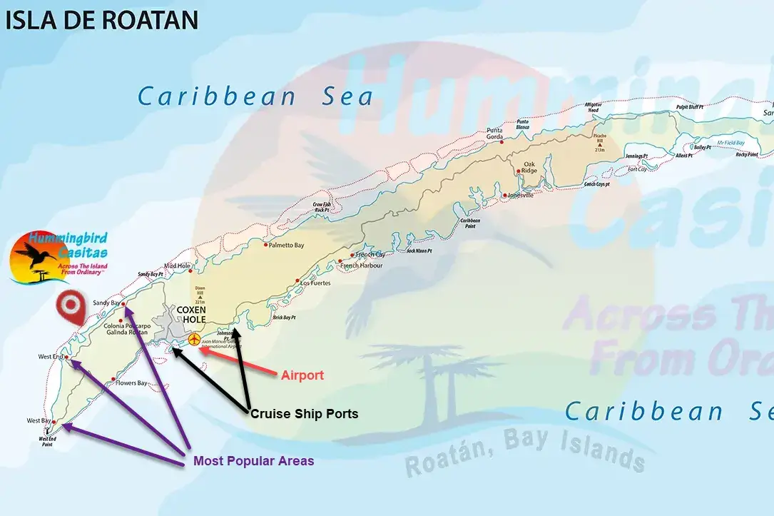 map of Roatan showing the Enire Island