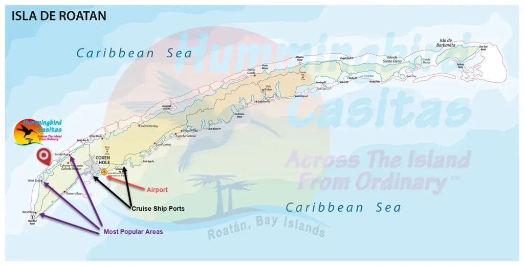 Where to stay in Roatan - A Map of the Island Of Roatan showing key locations
