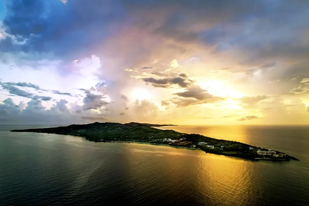 Arial Shot Of Roatan Island at Sunrise