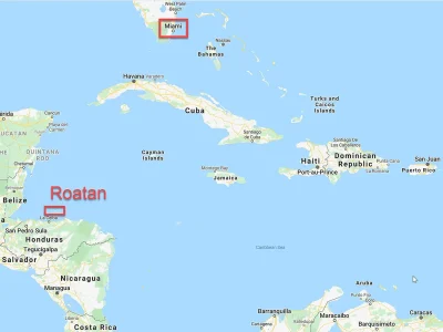 Map showing Roatan in relation to the US & Caribbean