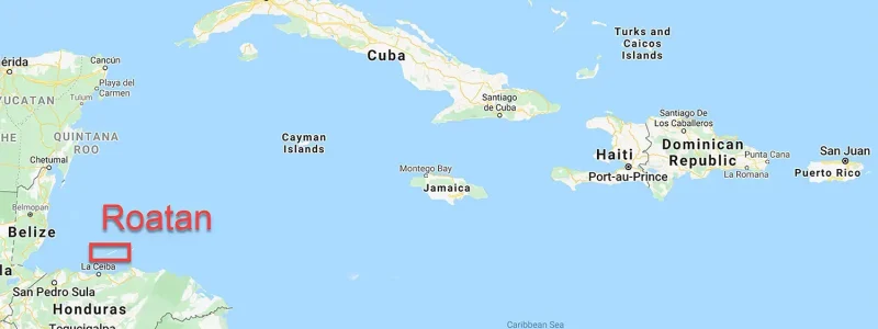 Map showing Roatan in relation to the US & Caribbean