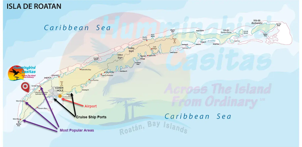Where to stay in Roatan - A Map of the Island Of Roatan showing key locations